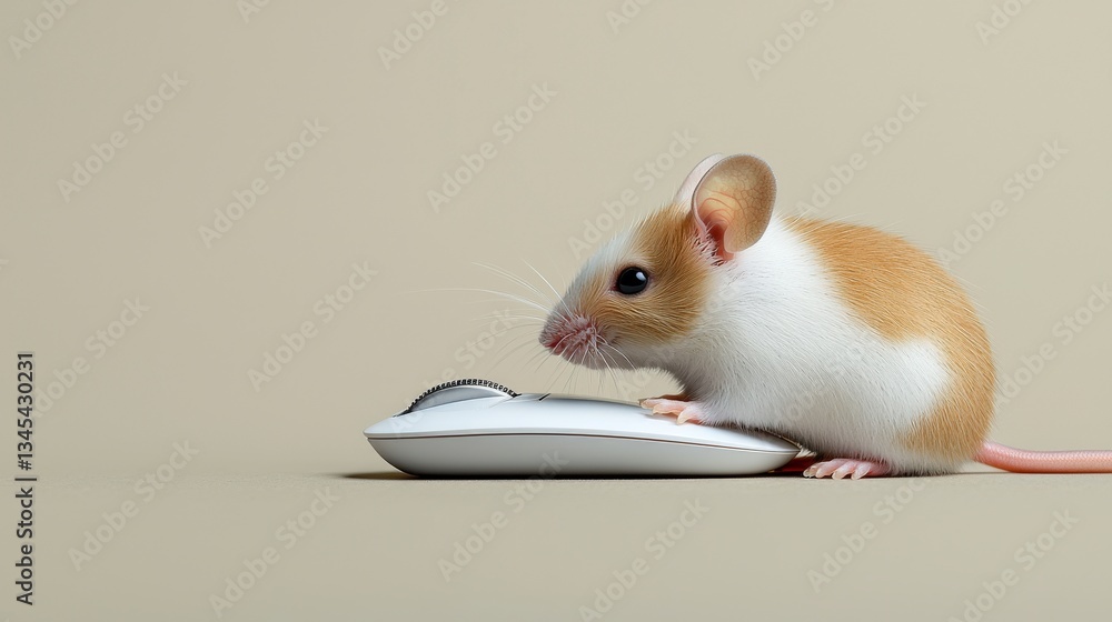 Poster playful mouse with computer mouse: a captivating studio shot of a small mouse poised on a computer m