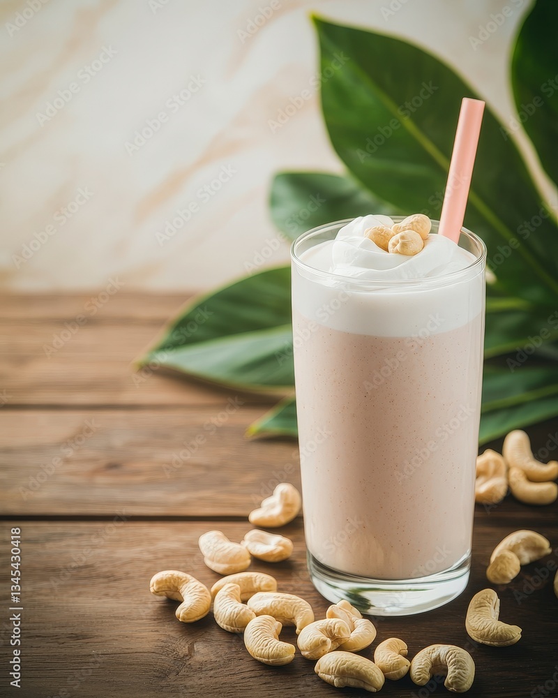 Poster glass of milk with a colorful straw resting on a table surrounded by simple decorative elements