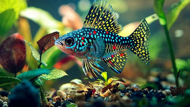 Close-up of vibrant corydoras catfish on substrate, detailed patterns and clean water, lush aquatic plants and professional lighting, dynamic focus