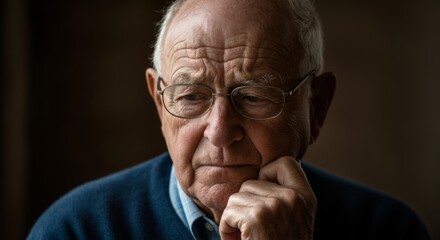 Elderly caucasian male contemplating in thoughtful pose with glasses