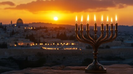 Fototapeta premium beautiful Hanukkah with a candle at sunset