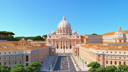 Obraz premium A stunning view of St. Peter's Basilica in Vatican City under a clear blue sky with lush greenery