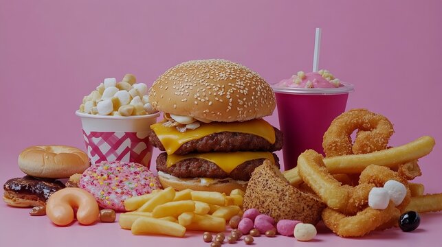 Assortment of unhealthy junk food on white table — fast carbs and processed snacks linked to health and skin issues