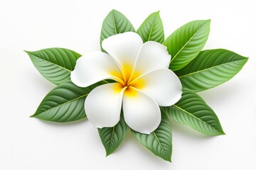 Fototapeta premium White plumeria flower with yellow center and green leaves on a white background.