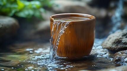 Overflowing earthen cup, stream, rocks, nature, serenity, zen garden, meditation, purity, water