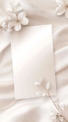 A minimalistic blank card surrounded by delicate white flowers on soft fabric.