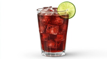 Refreshing glass of red beverage with ice and lime slice on a clean white background
