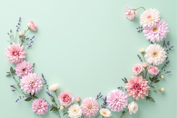 Obraz premium Elegant floral arrangement with pink and white flowers on pastel green background.