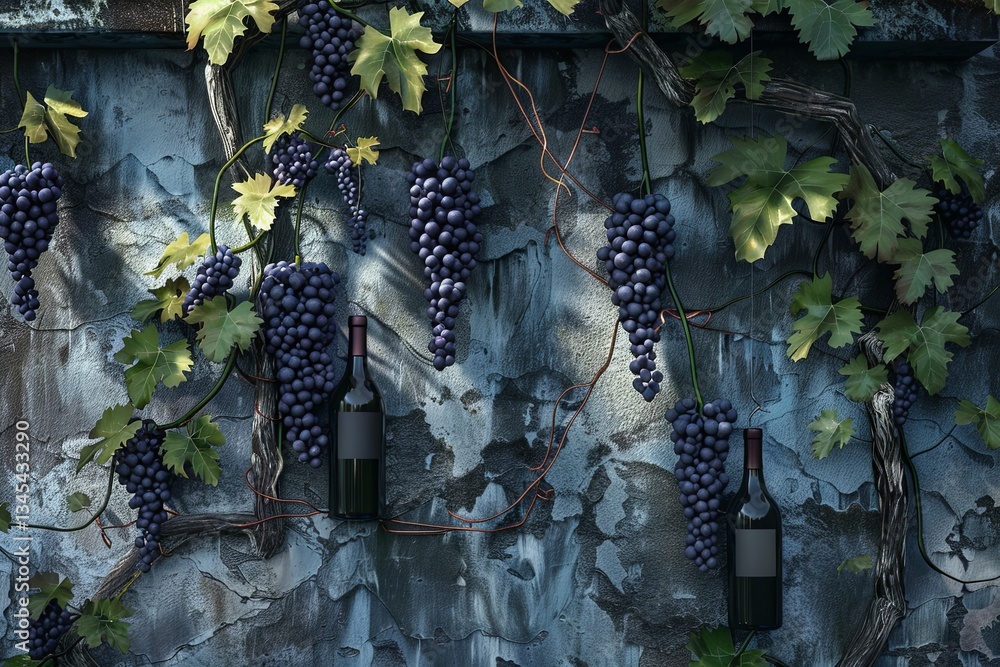 Poster Vibrant grape vines with wine bottles in a rustic winery setting showcasing the beauty of winemaking Generative AI