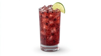 Refreshing red beverage with ice and lime slice, set against a plain background for promotional use