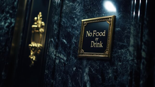 Elegant sign restricting food and drink in a luxurious elevator with dark marble walls