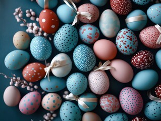 Vibrant Easter Egg Display Festive Blue, Teal, Orange Eggs With Delicate Floral Accents Celebration Of Color And Design For Easter, Showcasing Delicate Floral Polka Dot Patterns