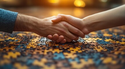 agreement consensus building and strategic partnership concept analyzing data for finding business solution assembling handshake jigsaw puzzle