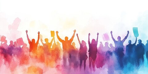 Crowd of activists protesting with raised hands and signs in watercolor style