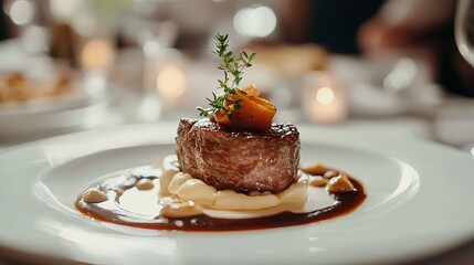 Elegant fine dining experience with gourmet main course at luxury hotel