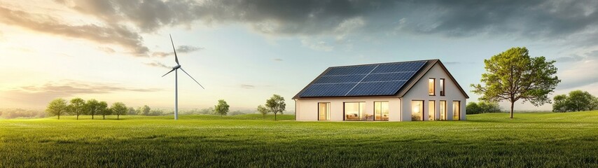Modern house with solar panels and wind turbine in green landscape