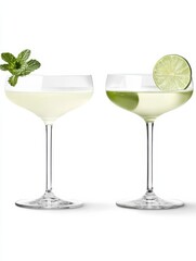 Two elegant cocktail glasses with mint and lime garnishes, set against a minimalist background
