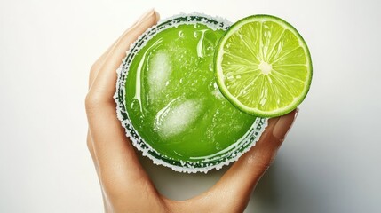 Hand holding a refreshing green cocktail with ice and lime slice on a clean background