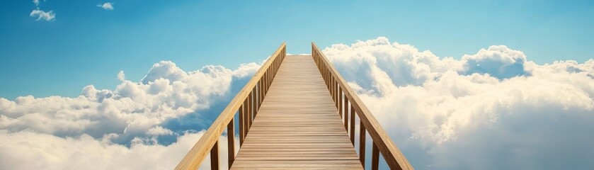 Obraz premium A serene wooden walkway extends into a bright sky filled with fluffy clouds, creating a dreamlike atmosphere.