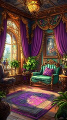 Fototapeta premium Opulent Interior Design with Purple Drapes and Golden Accents Reflecting Sunlight Creating a Rich Ambiance