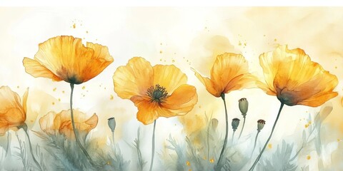 Watercolor painting of vibrant yellow poppies in soft bloom