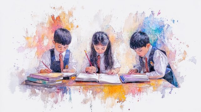 Indian Asian School Kids Studying Hard in Classroom with Watercolor Pastel Background
