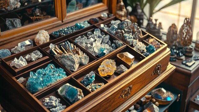 close-up of a mineral collection displayed in a wooden case, intricate and detailed atmosphere, vibrant natural lighting, elegant and scientific vibe