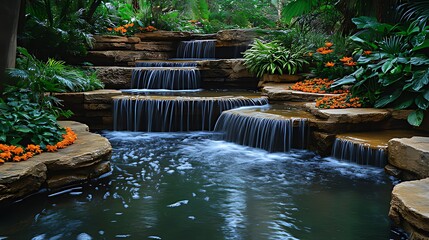 Cascading waterfall, lush garden, tranquil pond, serene oasis, spa relaxation
