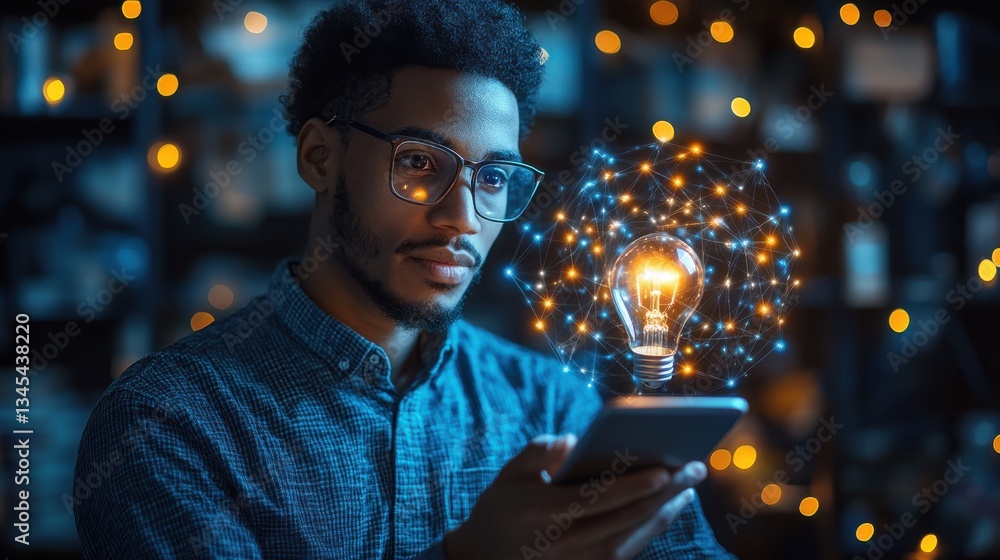 Poster automation technology and business solution image man holding lightbulb and smartphone gears and net