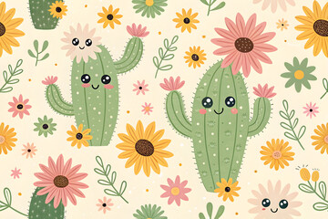 Playful Cactus and Daisy Floral Pattern  Whimsical Desert Bloom Design in Cheerful Colors