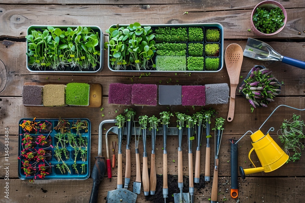 Poster microgreen seed packets and gardening tools arranged on rustic wooden surface for gardening enthusia