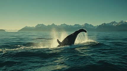Fototapeta premium Majestic Whale Tail in Fjord: A Breathtaking Moment of Nature