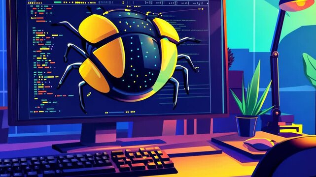 tester identifying software bugs on a monitor, vibrant workspace, dynamic and focused debugging process, professional and technical, engaging and innovative
