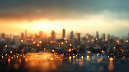 City skyline with raindrops and warm sunset glow.