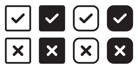 Set of black check box with yes and no sign. Modern label icons check mark and cross on white background.