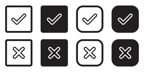 Set of black check box with yes and no sign. Modern label icons check mark and cross on white background.