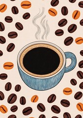 Obraz premium Illustration of Coffee Cup Surrounded by Coffee Beans in an Artistic Design with Steaming Effect