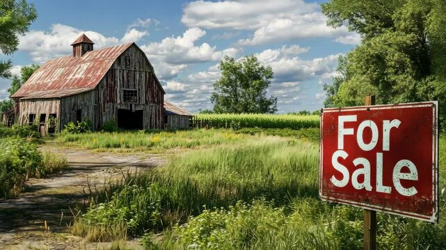 Rustic farmyard with "For Sale" sign, old barn and overgrown grass, nostalgic rural scene, feeling of abandonment and opportunity, warm tones, realistic scenery