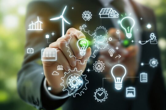 Businessman interacting with creative eco-friendly technology icons.