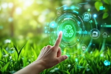 Futuristic eco-friendly technology interface with a human hand interacting with a recycling symbol in a green environment.