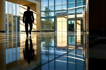 Fototapeta premium Businessman Walking Alone in Modern Office Building Interior