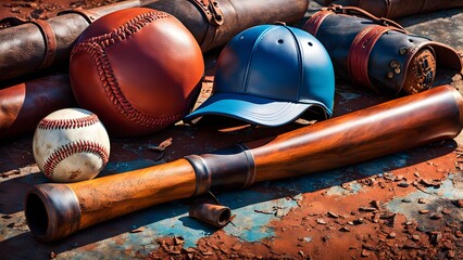Rustic still life vintage baseball equipment including balls, bat, cap.