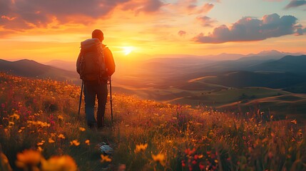 Fototapeta premium Hiker sunset mountain meadow wildflowers adventure