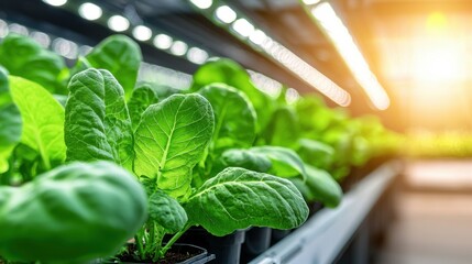 Lush green plants growing under bright lights indoors.