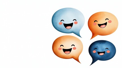 Fototapeta premium Colorful speech bubbles with smiling faces expressing joy.