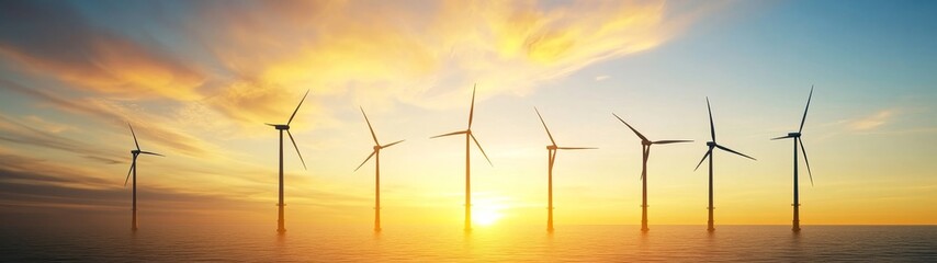 Fototapeta premium Wind Turbines at Sunset Over Calm Ocean Waters with Vibrant Sky