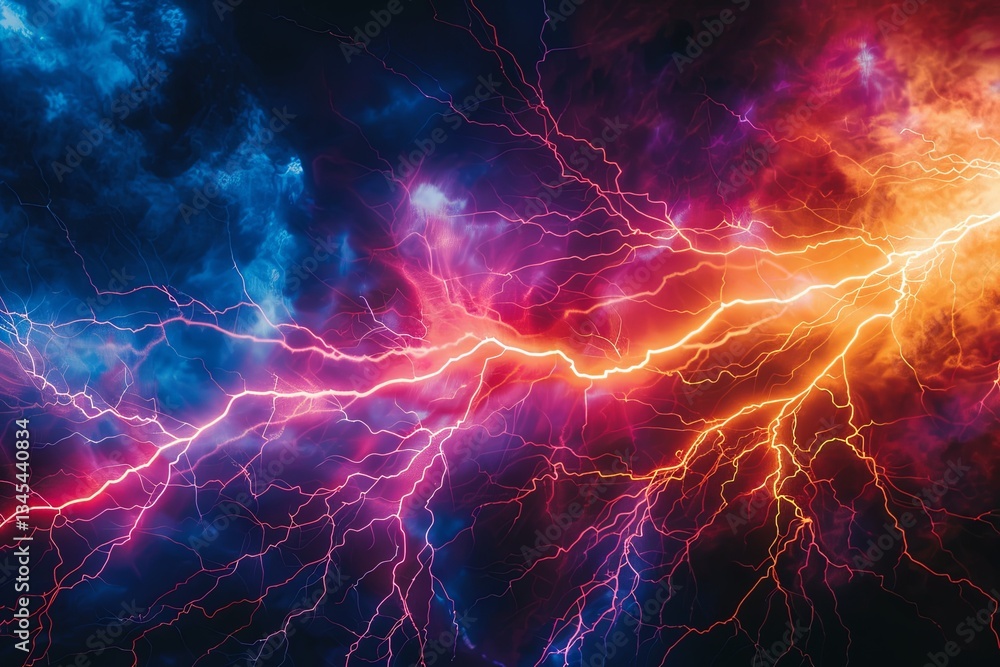 Aufkleber Electric discharges create dynamic energy display within vibrant stormy clouds at night Generative AI
