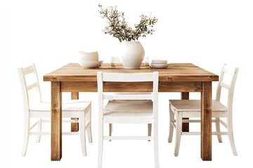 Wooden farmhouse dining table four white chairs and a ceramic vase are shown isolated on a white
