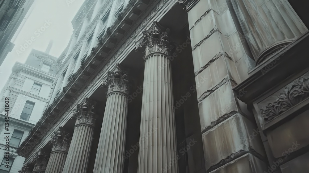 Poster grey stone building with classical columns in city