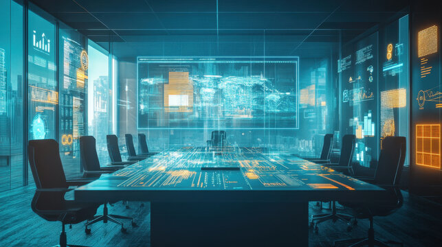 futuristic boardroom with digital screens and holographic displays creates high tech environment for executives to review data and reports. room is illuminated with blue and orange lights